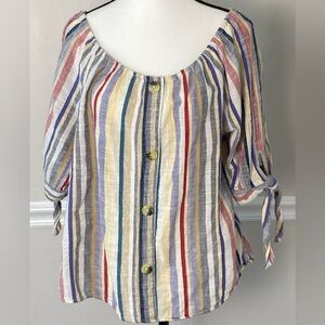 Unique Spectrum Multicolor Striped Peasant Blouse XL Scoop Neckline Cotton Boho